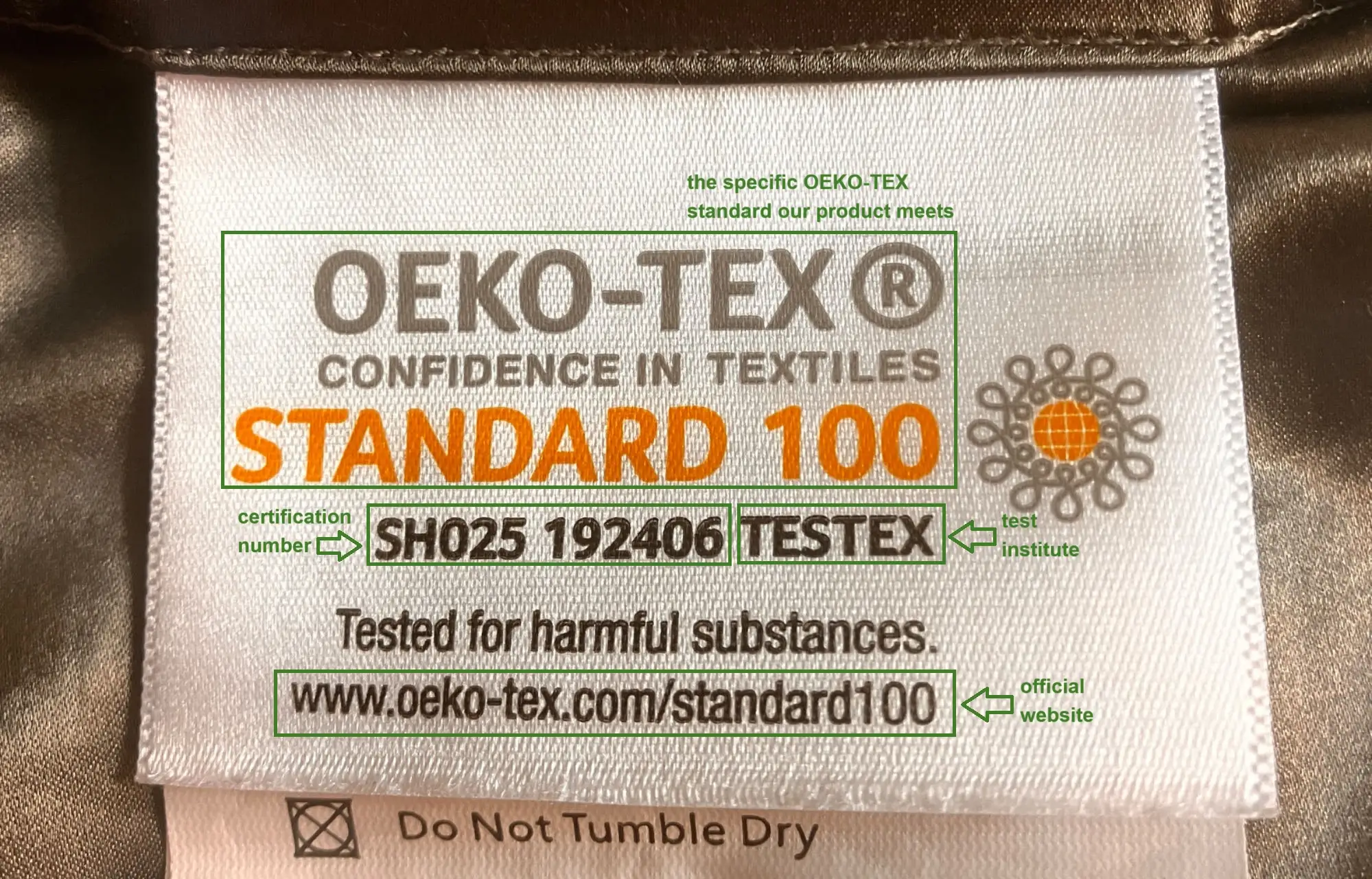 an OEKO-TEX STANDARD 100 label of a Silk Suen product